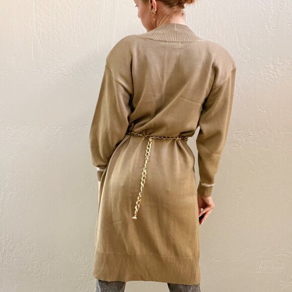 Vintage 1980's Neutral Tan Long Duster Knit Cardigan Sweater - Picture 3 of 8